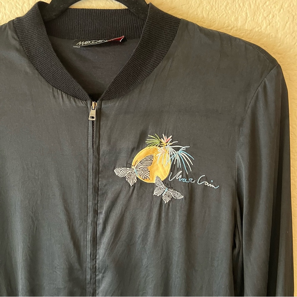 Marc Cain Black Silk Cropped Bomber Jacket Embroidered On Back Zip Up XS/ S - Picture 3 of 9